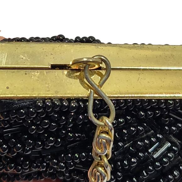 VTG BLACK HAND BEADED EVENING PURSE BAD CLUTCH CLAM SHELL DATE WEDDING PROM GOLD - Picture 6 of 13